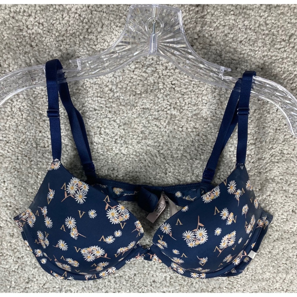 Victoria's Secret Daisy Print Push Up Bra Navy Blue Women's‎ Size 34C 406471QCN
